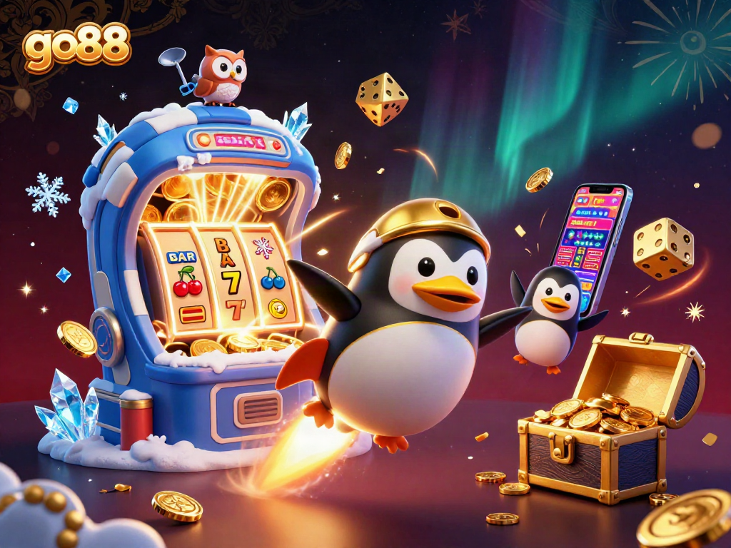Experience thrilling games at go88 with a golden penguin amidst exploding jackpots and vibrant casino elements.