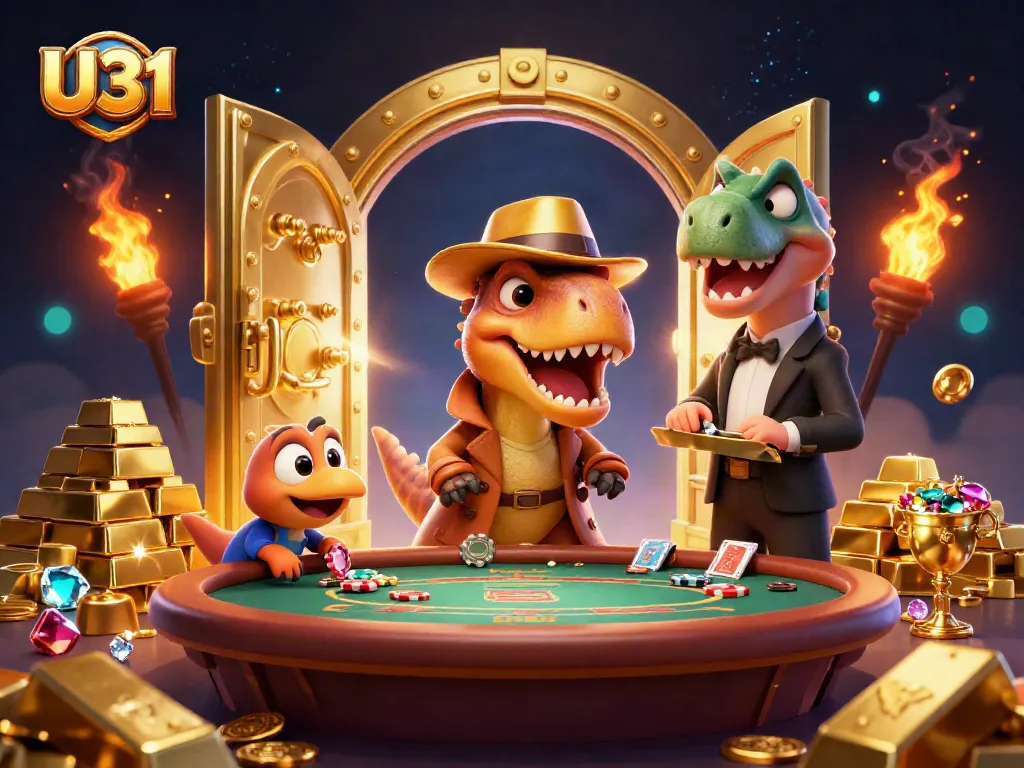 Spin the reels at U31's thrilling blackjack casino with a cartoon velociraptor and epic treasures.