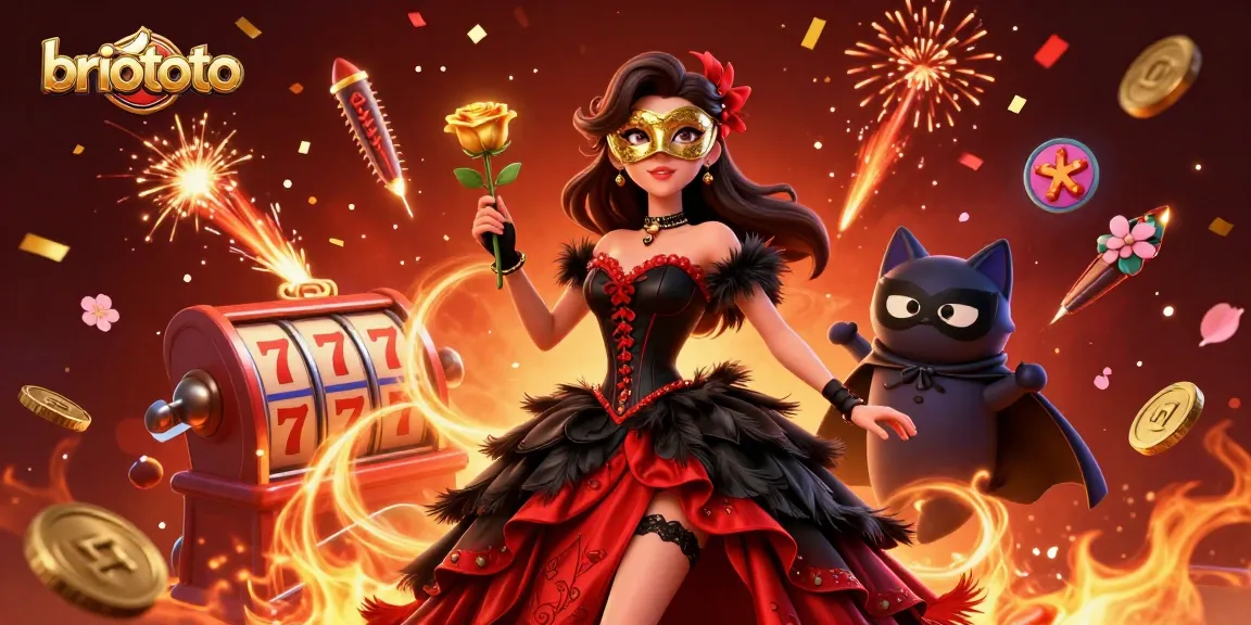 Briototo casino illustration showcasing a vibrant scene full of slot reels and lucky symbols signaling game excitement.