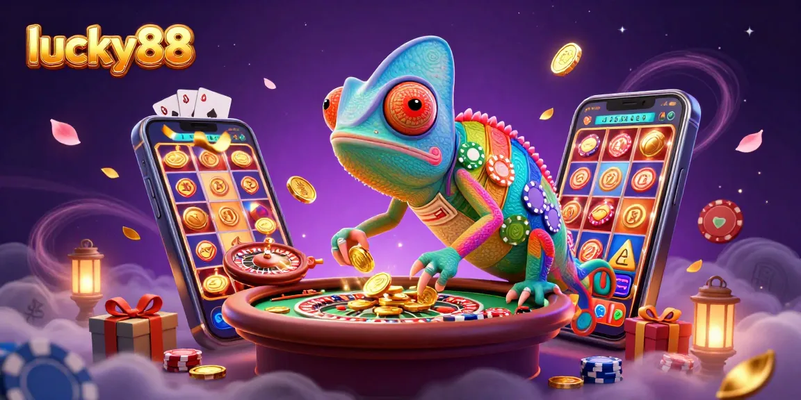 Engage with the exciting lucky88 slot game as golden coins burst from a smartphone in a vibrant casino scene.