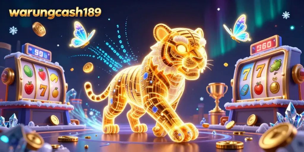 Experience excitement at warungcash189 with a golden tiger surrounded by exhilarating slot game elements in a dazzling digital casino.