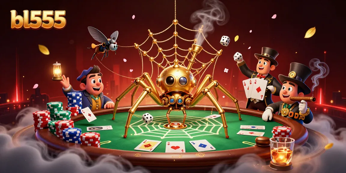 Play bl555 with a golden spider captivating lucky dice in a vibrant casino scene.