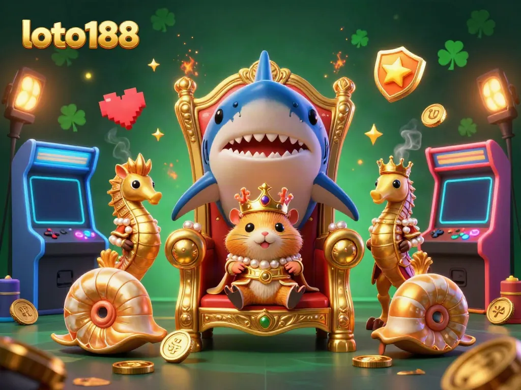Bet on loto188 with a vibrant golden hamster king and seahorse royal guards amid colorful arcade games.