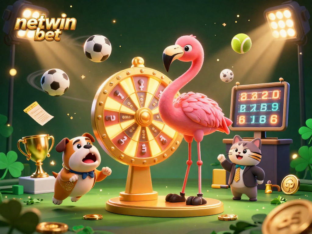 Join the excitement of netwin bet with a vibrant scene featuring cheerful mascots and dynamic gaming elements.