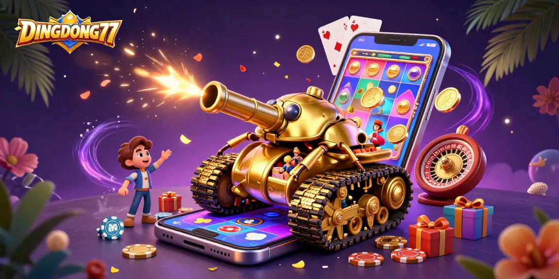 DINGDONG77 showcases a vibrant casino theme with a golden beetle tank, slot games, and festive confetti.