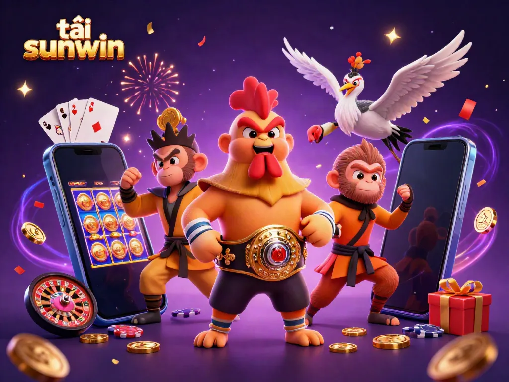 Experience thrilling wins with tải sunwin showcasing vibrant characters and casino elements in a dynamic scene.