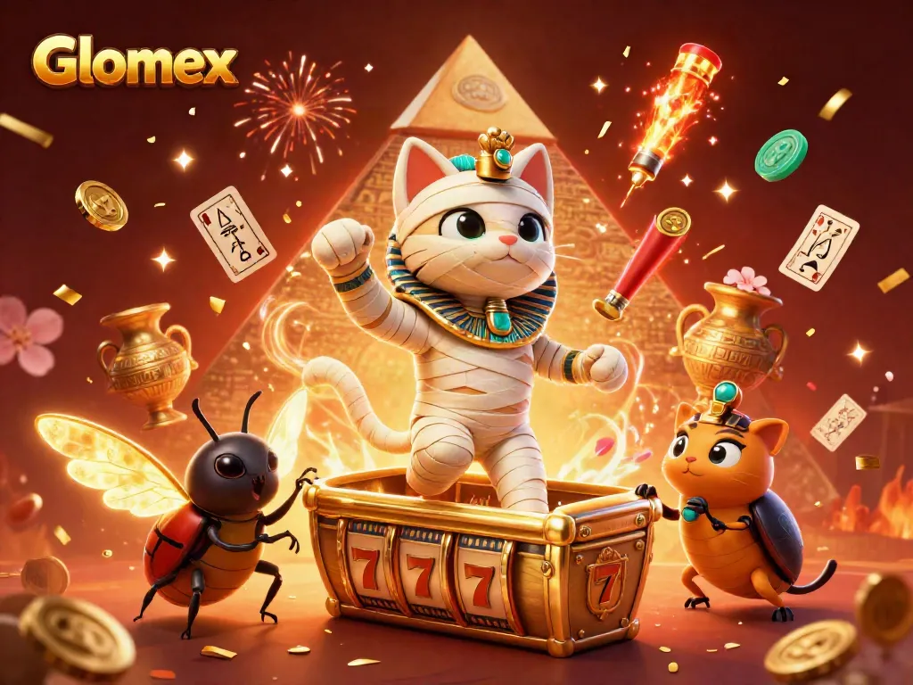 Glomex reveals thrilling slot gaming action with a dynamic mummy cat and vibrant casino elements.