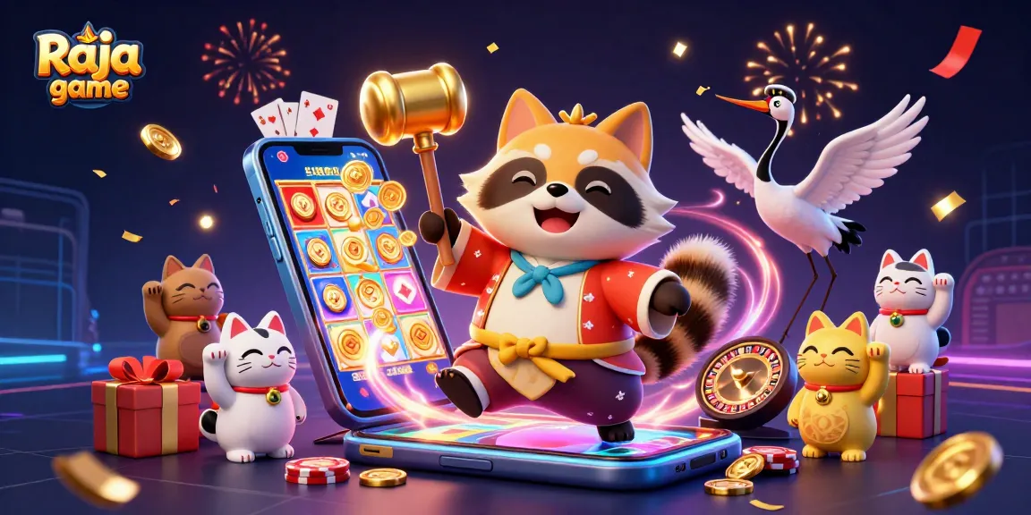 Experience excitement at Raja game with colorful slots, fortune cats, and dynamic celebration.