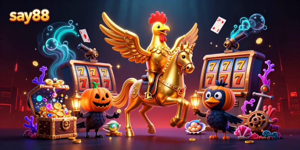 Winning at say88 in a vibrant 3D casino scene filled with glamorous slot reels and treasure