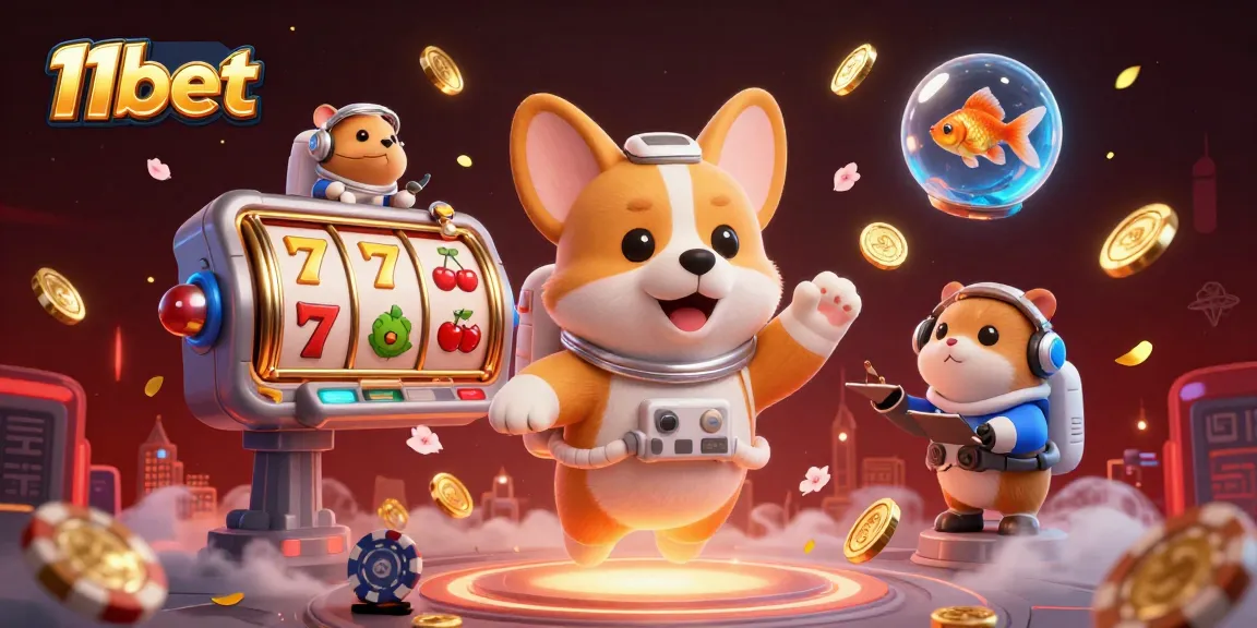 Experience the thrill at 11bet with a vibrant casino illustration featuring floating slot elements and characters.