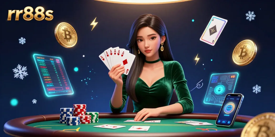 Play poker with rr88s as a beautiful Asian woman holds cards at a luxury table, surrounded by crypto elements.