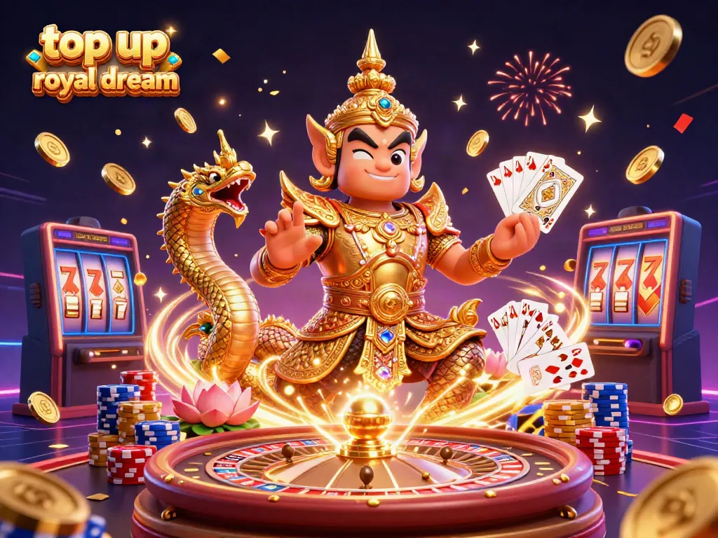 Top up royal dream dengan koin mengalir dan kartu poker dalam ilustrasi ceria di dunia permainan kasino.