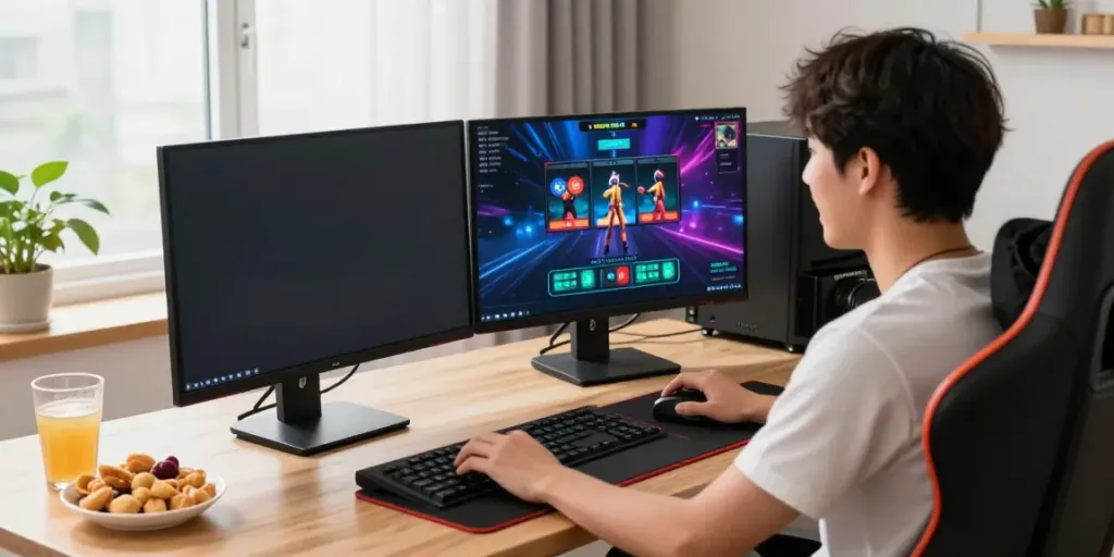 Player enjoying slot online games in a lively home environment with dynamic visuals and gaming gear.