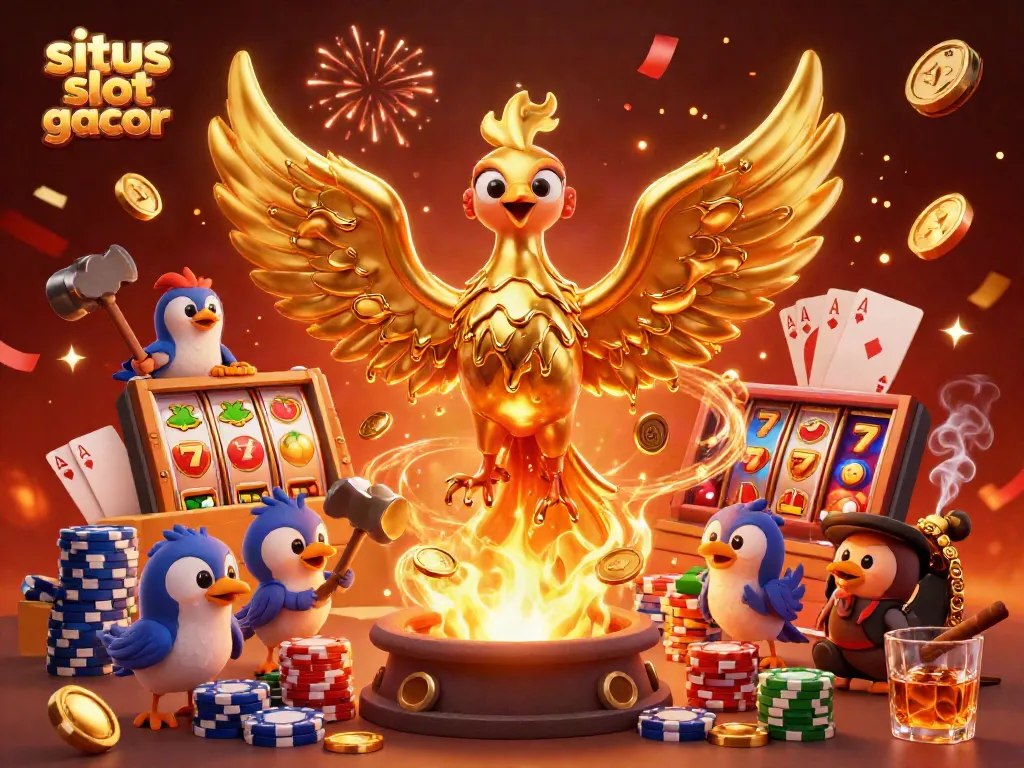 Experience excitement with the situs slot gacor featuring a molten metal phoenix and vibrant casino elements.