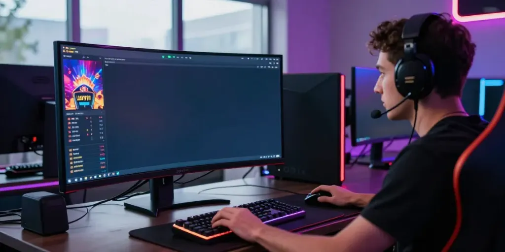 Engaged player enjoying Luxury111 online gaming with advanced peripherals and vibrant game displayed.