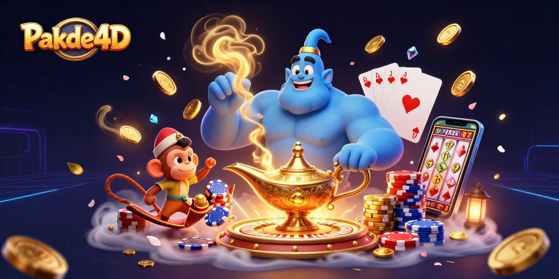 Experience thrilling gaming with Pakde4D's vibrant 3D illustration of a genie, poker chips, and gold coins.