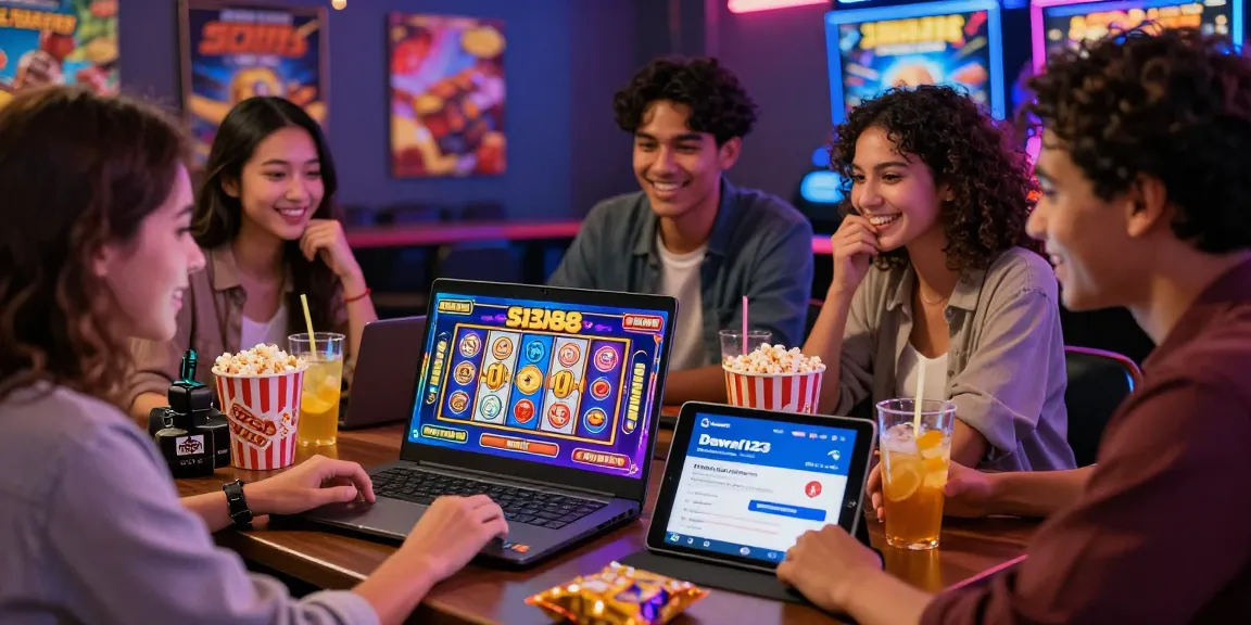 Teman-teman bersenang-senang bermain slot88 di laptop dengan suasana kasino yang ceria.