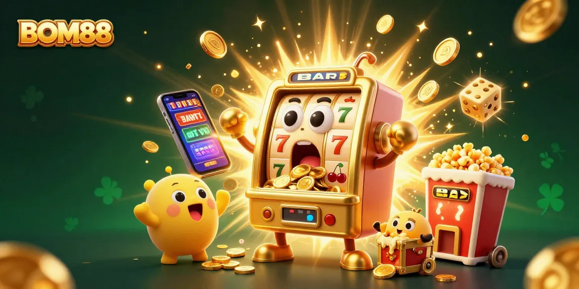 BOM88 celebrates winnings with a vibrant scene of a golden slot machine showcasing a jackpot, accompanied by cheering baby machines.