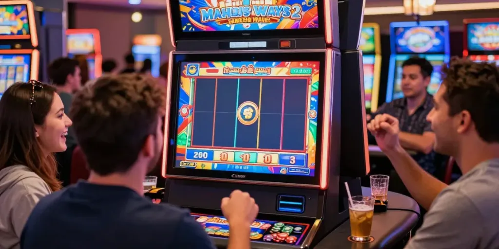 Mesin slot Mahjong Ways 2 menampilkan kombinasi menang di latar kasino yang meriah.