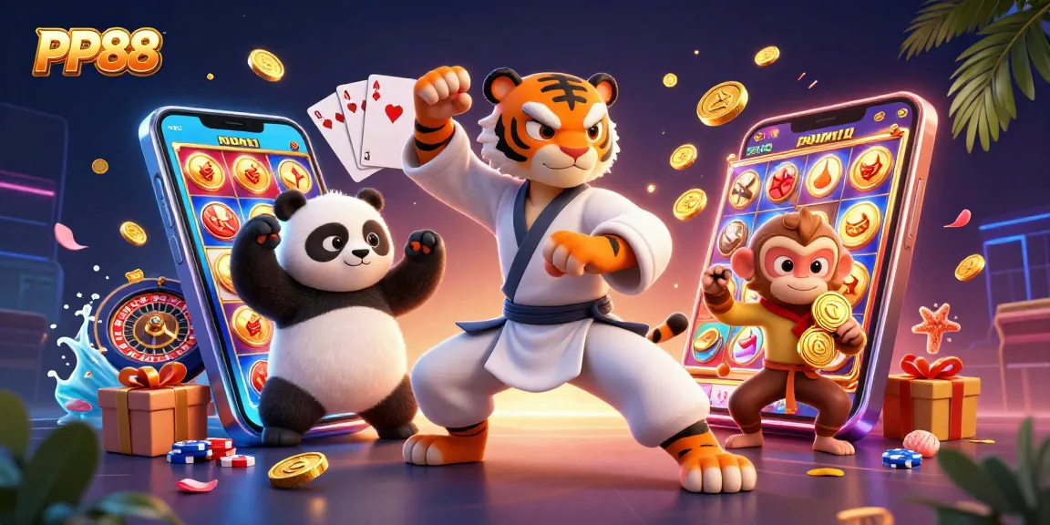 Engage with PP88's vibrant gaming scene, as playful characters explore rich casino elements.