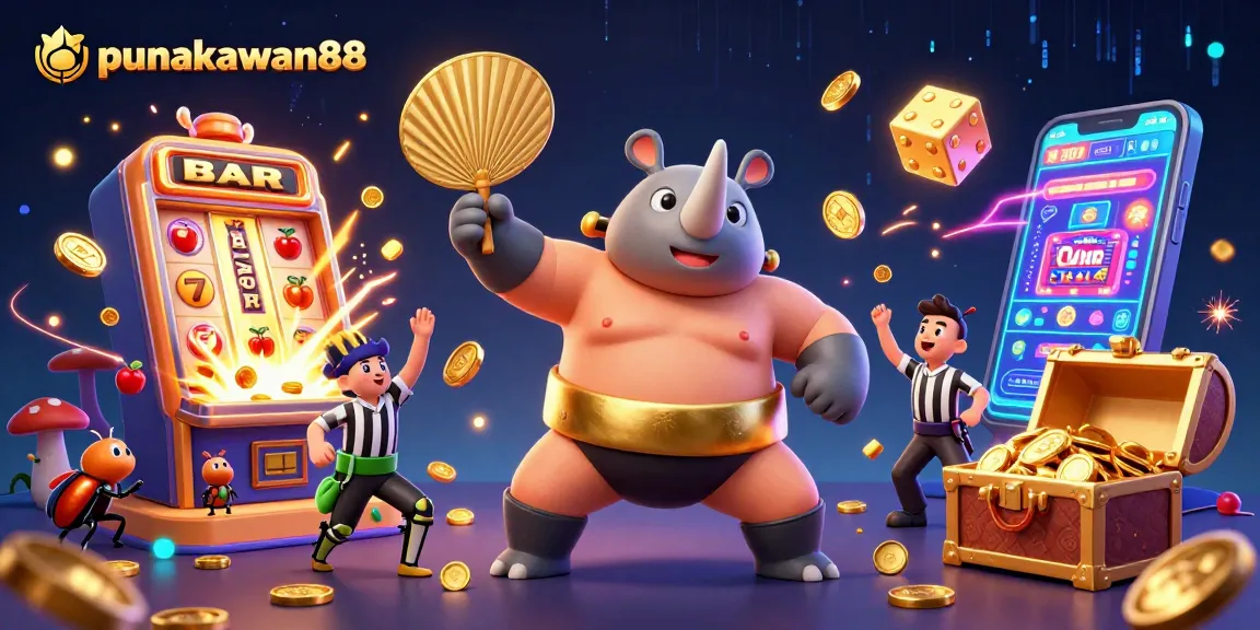 Punakawan88 offers an exciting atmosphere with a dynamic scene featuring a sumo beetle champion amidst a slot machine jackpot explosion.