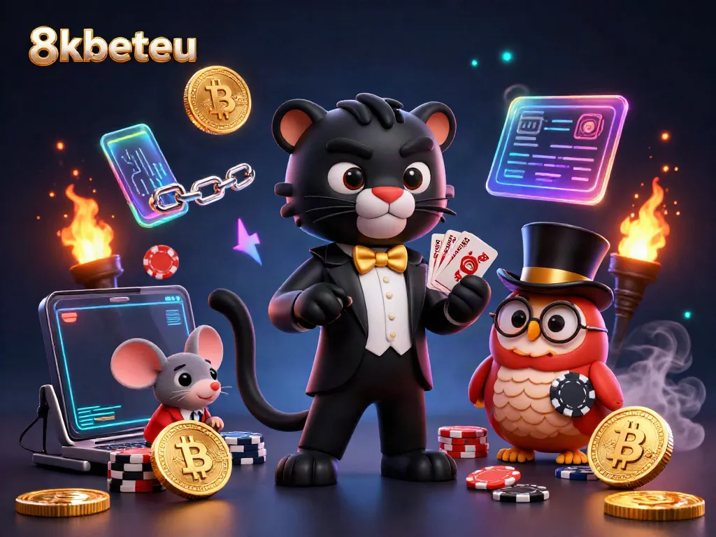 Experience the excitement of 8kbeteu with stylish characters in a glittering casino setting featuring poker elements and crypto coins.