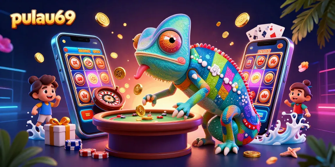 Engage with pulau69's vibrant 3D chameleon casino owner snatching golden coins in an exciting gaming scene.