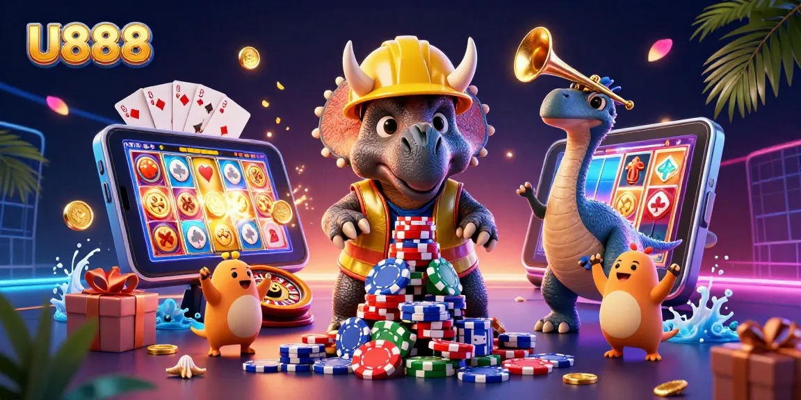 U888 features exciting gaming action with a triceratops building poker chips in a casino atmosphere.