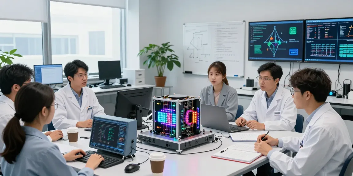 Quantum computing research team discussing advancements around a cutting-edge quantum computer model in a bright lab.