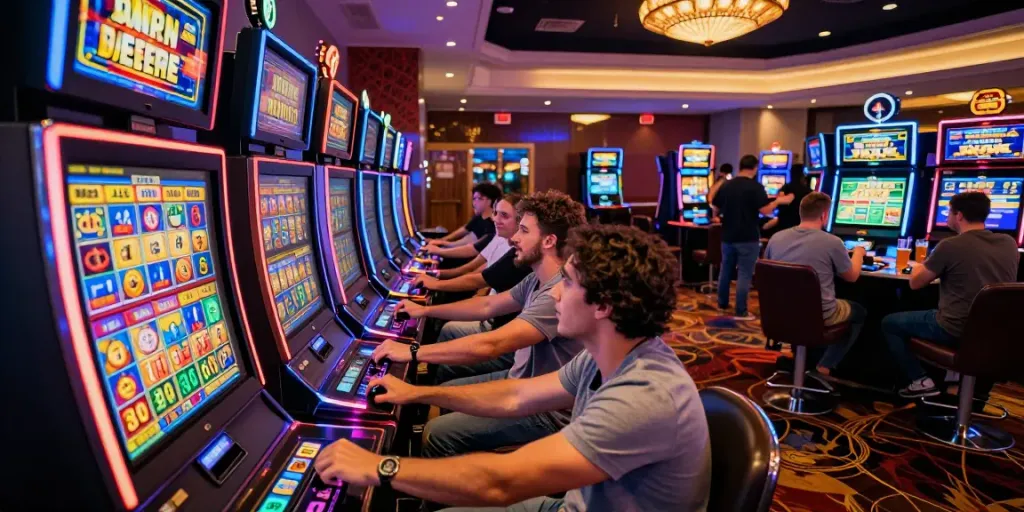Exciting gaming scene at slot888 casino with friends enjoying vibrant slot machines.