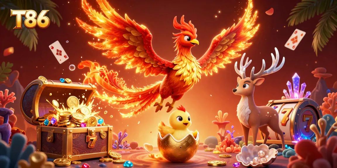 T86 jackpot slots come alive in a vibrant fire phoenix scene with colorful treasure.