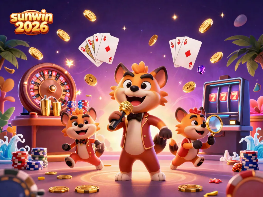 Experience excitement at sunwin 2026 with lively hyena characters in a vibrant casino scene.
