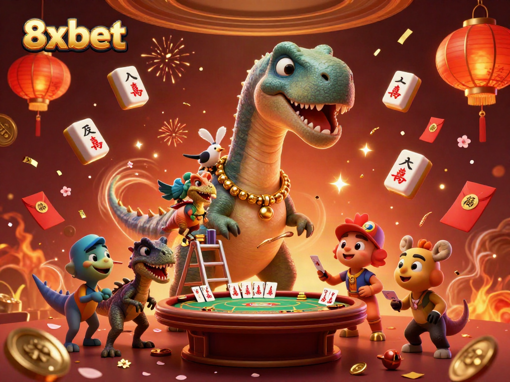 Experience thrilling gameplay at 8xbet, where a dinosaur dealer creates an unforgettable poker night.