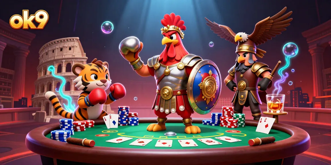 Engage in thrilling gaming action with ok9's premier casino experience featuring exciting characters and poker elements.
