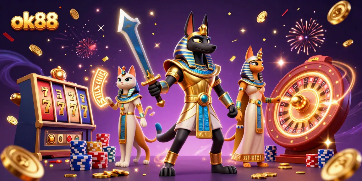 Experience thrilling moments with ok88 in this dynamic casino scene featuring Anubis and Bastet.