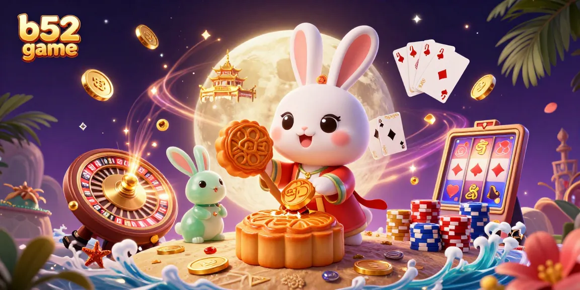 Play the b52 game with a lunar-themed 3D scene featuring enchanting characters and vibrant casino elements.