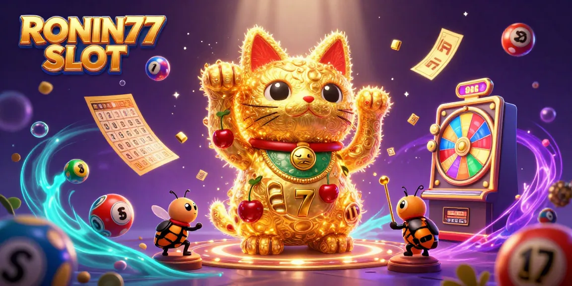Experience RONIN77 SLOT's vibrant 3D illustration featuring lucky cats and dynamic game symbols.