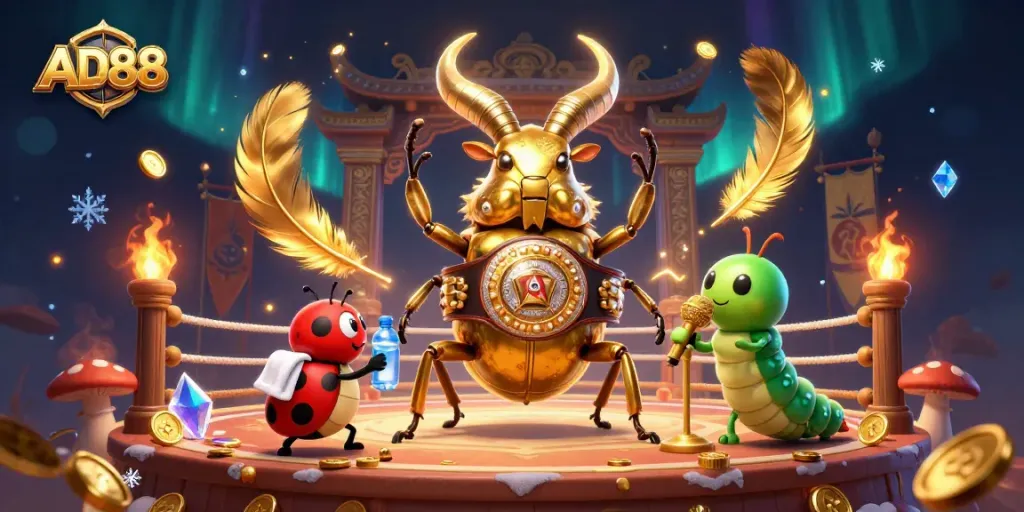 Engage in thrilling battles with AD88, featuring a giant stag beetle in a vibrant casino showdown.