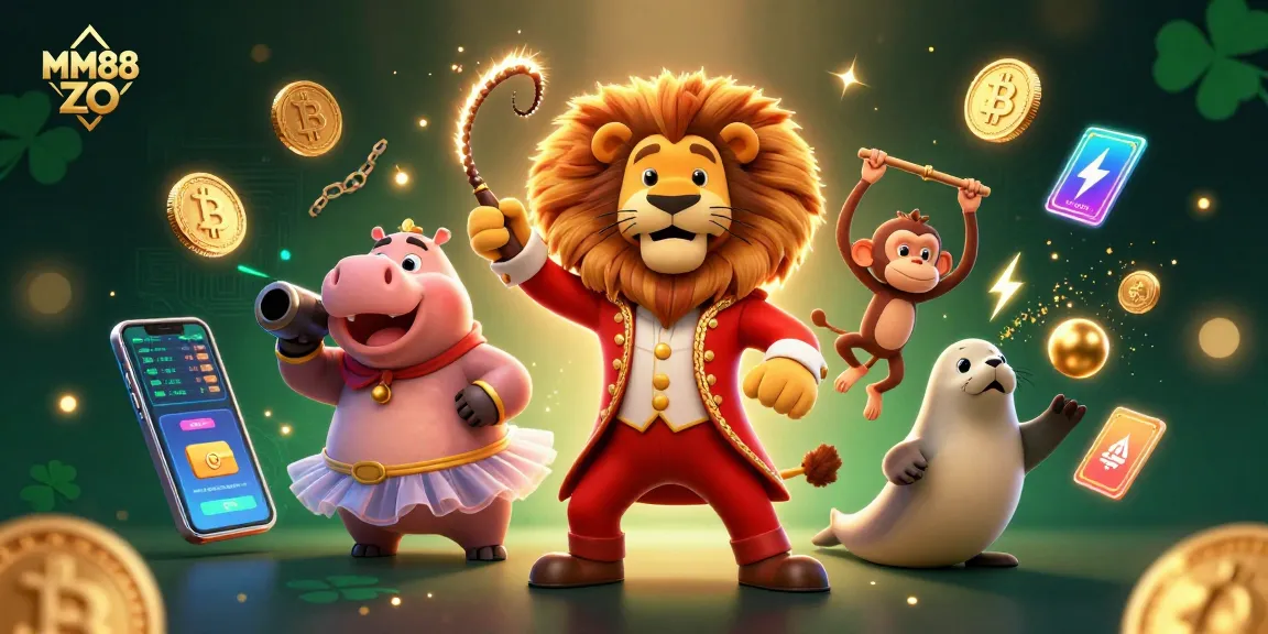 Engage with MM88 ZO's vibrant gambling ecosystem, featuring lively circus characters and crypto elements.