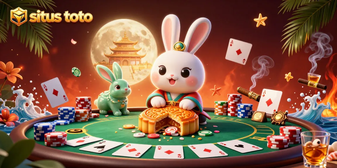 Pound mooncakes revealing poker chips in a dynamic situs toto casino scene with vibrant visuals.