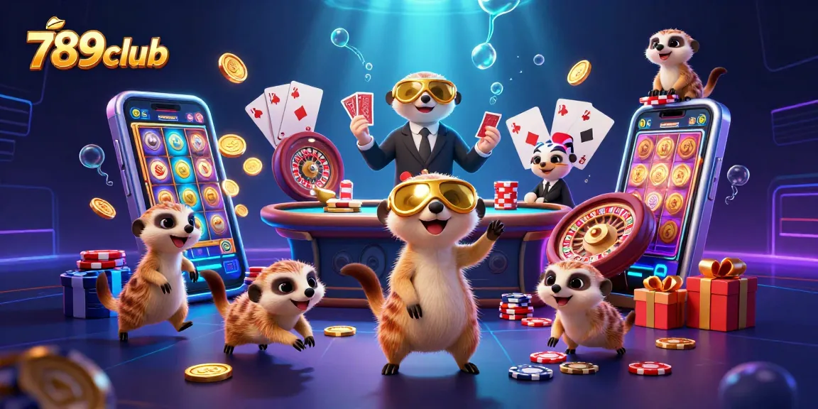Engage in thrilling slots at 789club with a vibrant casino scene featuring meerkats and dynamic elements.