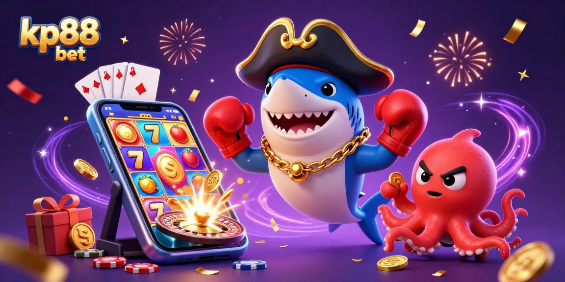 Spin wins with kp88 bet featuring a fun shark, pufferfish, and octopus in a vibrant casino scene