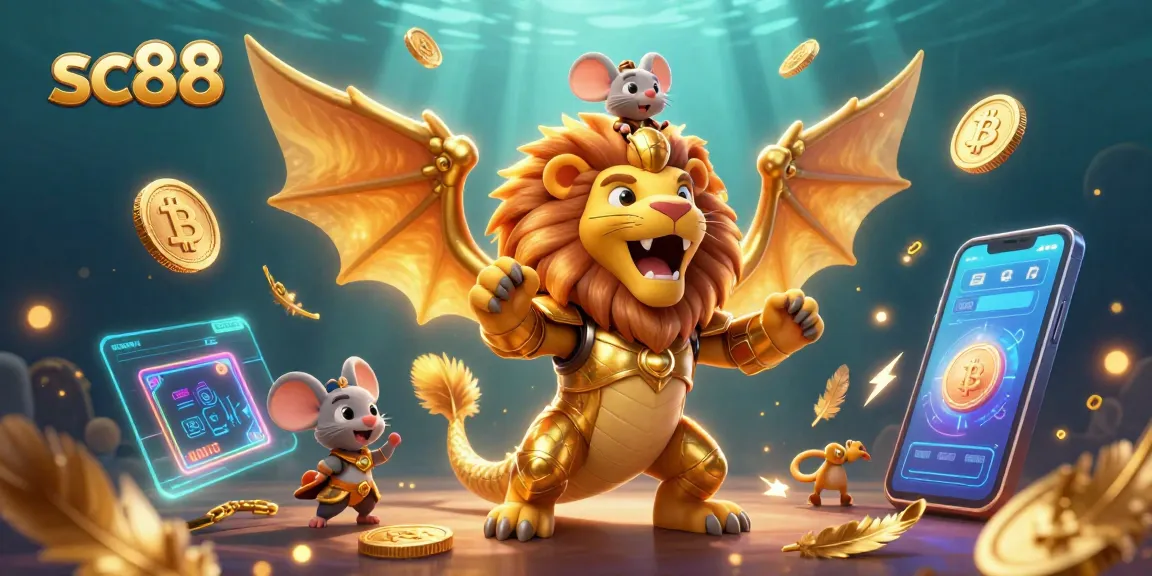 Experience the dynamic energy of sc88 with a golden chimera creature surrounded by crypto coins and gambling elements.