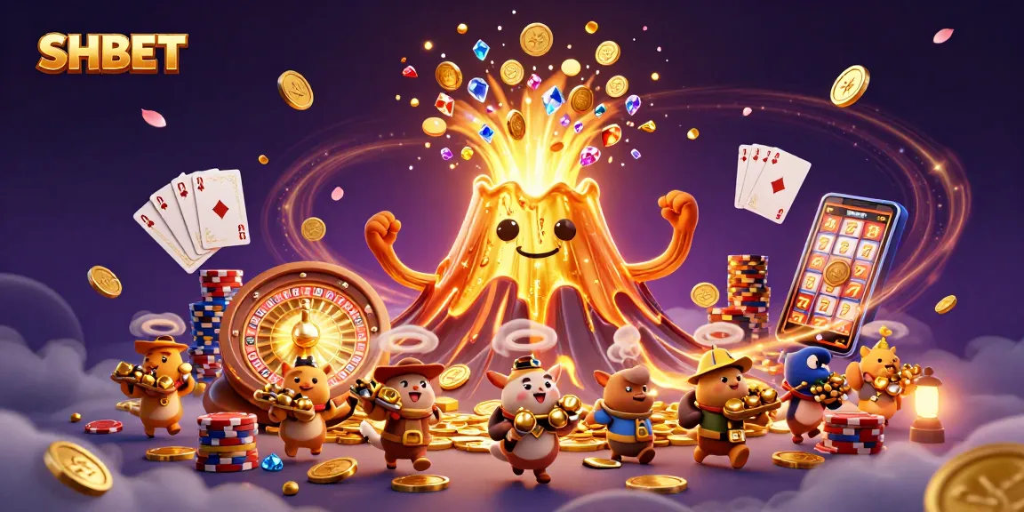 Experience the excitement of SHBET as a golden volcano erupts coins and treasures in a vibrant casino scene.