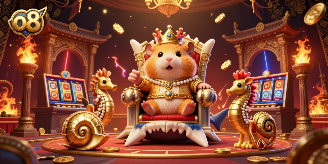 Experience thrilling online gaming with o8 in a vibrant casino scene featuring a golden hamster king and seahorse guards.
