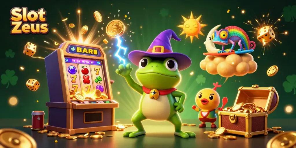 Experience the thrilling Slot Zeus with engaging characters and vibrant casino elements bursting with excitement.