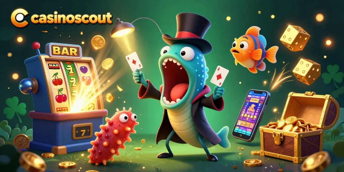 Experience casinoscout's vibrant casino magic with animated characters performing card tricks and engaging game elements.