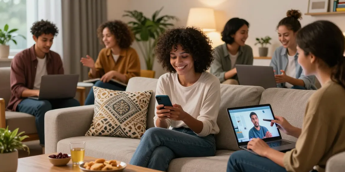 Engaging online chat scene showcasing diverse individuals enjoying شات تعب قلبي in a cozy living room environment.