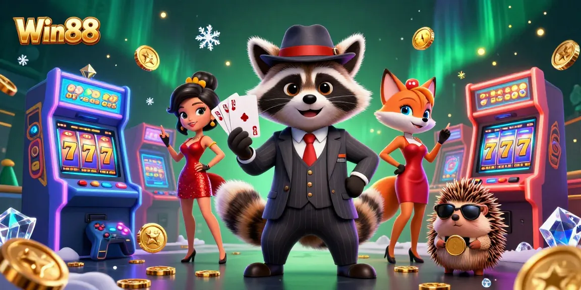 Win88 offers thrilling gaming experiences as a raccoon and fox embrace a jackpot atmosphere.