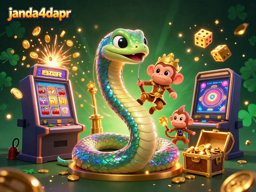 Permainan kasino digital menarik di janda4dapr dengan simbol slot dan karakter menghibur yang menyapa.